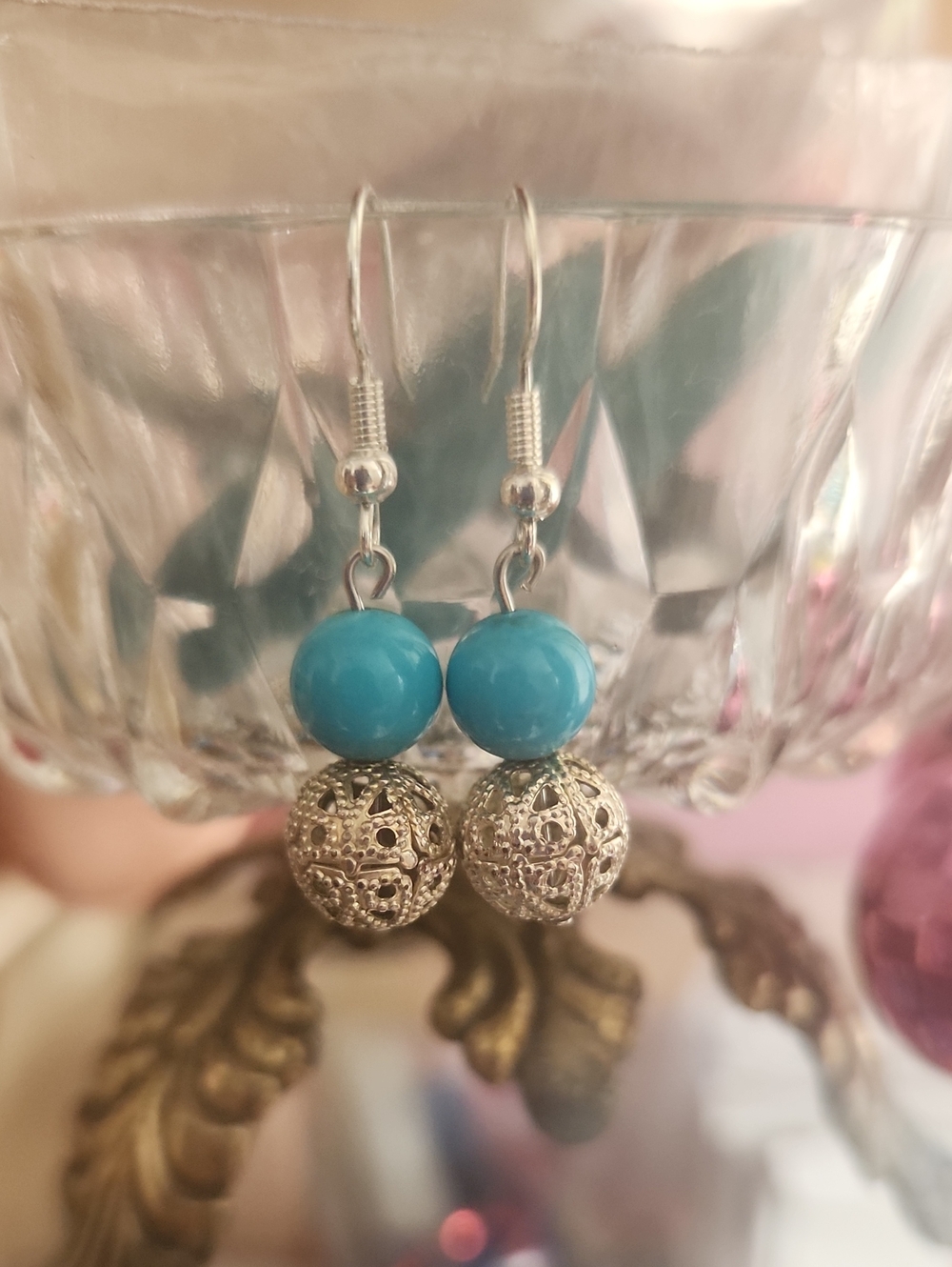 Turquoise Bead Drop Earrings with Filigree Silver Spheres